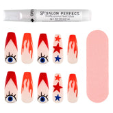 A front view of Salon Perfect Modern Nostalgia Fire Tip Artificial Nail Set with nail file and proffesional nail glue out of packaging